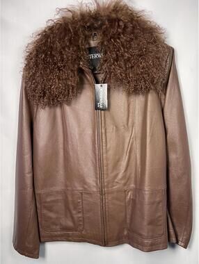 Vtg Outerwear by Lisa Brown Leather Jacket with Curly Fur Collar Size Large New